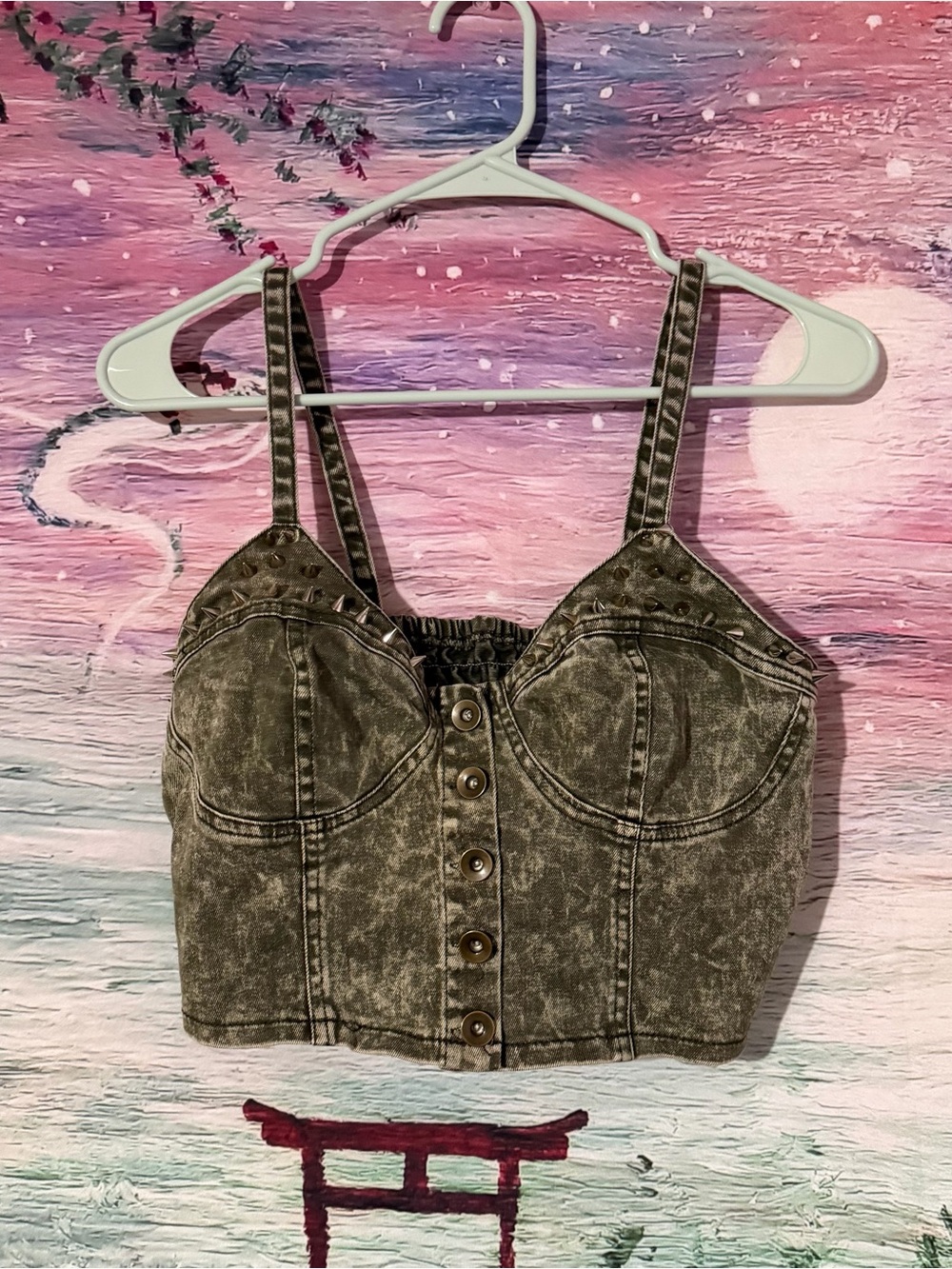 Women's Acid-Wash Button Front Crop Top - Black